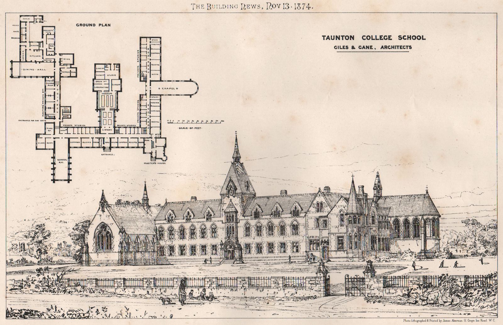 Taunton College School; Giles & Gane, Architects. Somerset 1874 old print